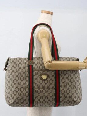 GUCCI GG Plus Supreme Web Sherry Line Tote Bag PVC Beige Red Green Auth ka2768